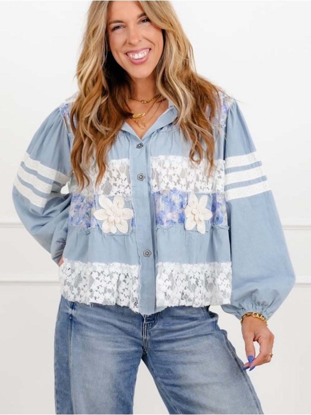 POL Medium Light Blue Lace-Trim Button Front Top